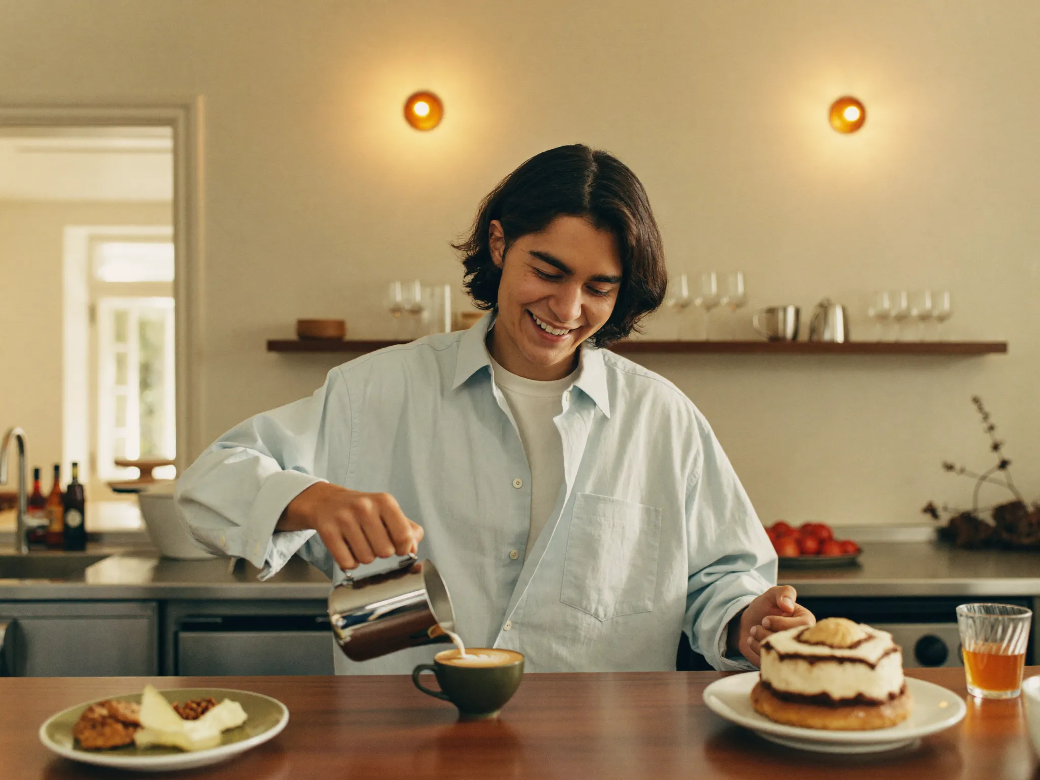 Barista sirviendo café en una cafetería luminosa